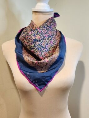Oscar De La Renta Silk-Look Navy & Pink Floral Scarf